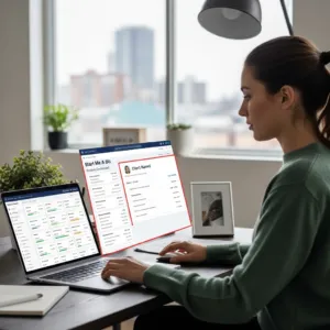 Hazme una imagen extremadamente realista de un asistente virtual trabajando para un cliente de Start Me A Biz