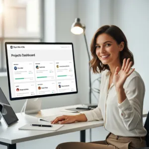 Hazme una imagen extremadamente realista de un asistente que trabaja para un cliente de Start Me A Biz en el