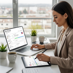 Hazme una imagen de un asistente virtual trabajando para un cliente en el Panel de proyectos de Start Me A Biz