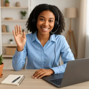 Imagen de resolución cuadrada. Hazme una imagen de un asistente virtual profesional trabajando desde casa.